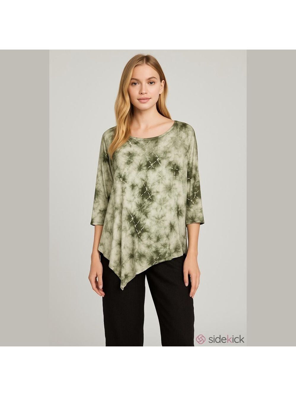 Te Verde Tie Dye Asymmetric Layered Tunic Top Size M Olive Green White NWT